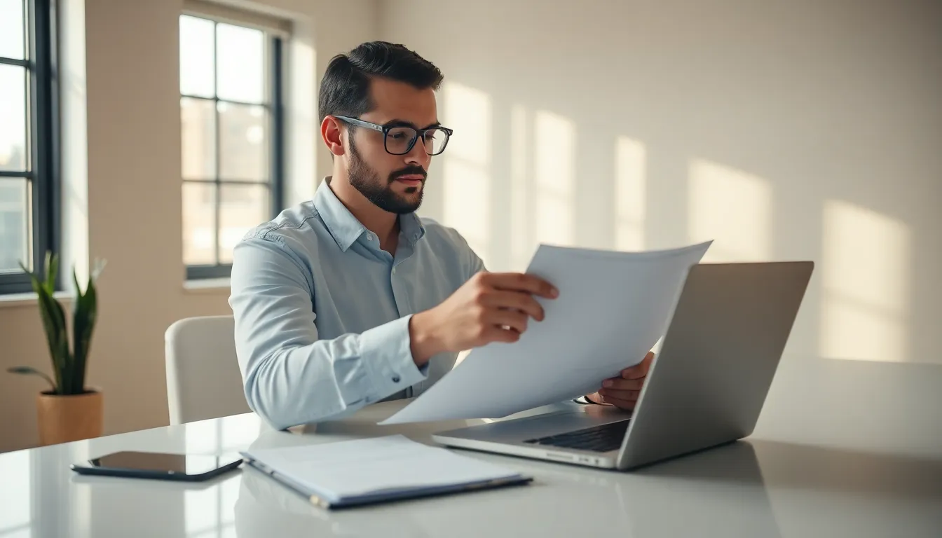 A person reviewing insurance paperwork at a bright, tidy desk