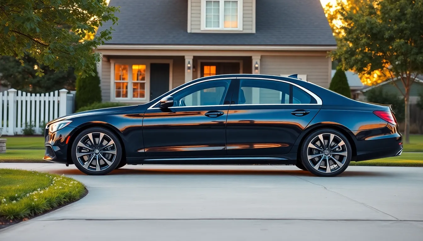 A polished dark sedan parked in a calm suburban driveway at golden hour