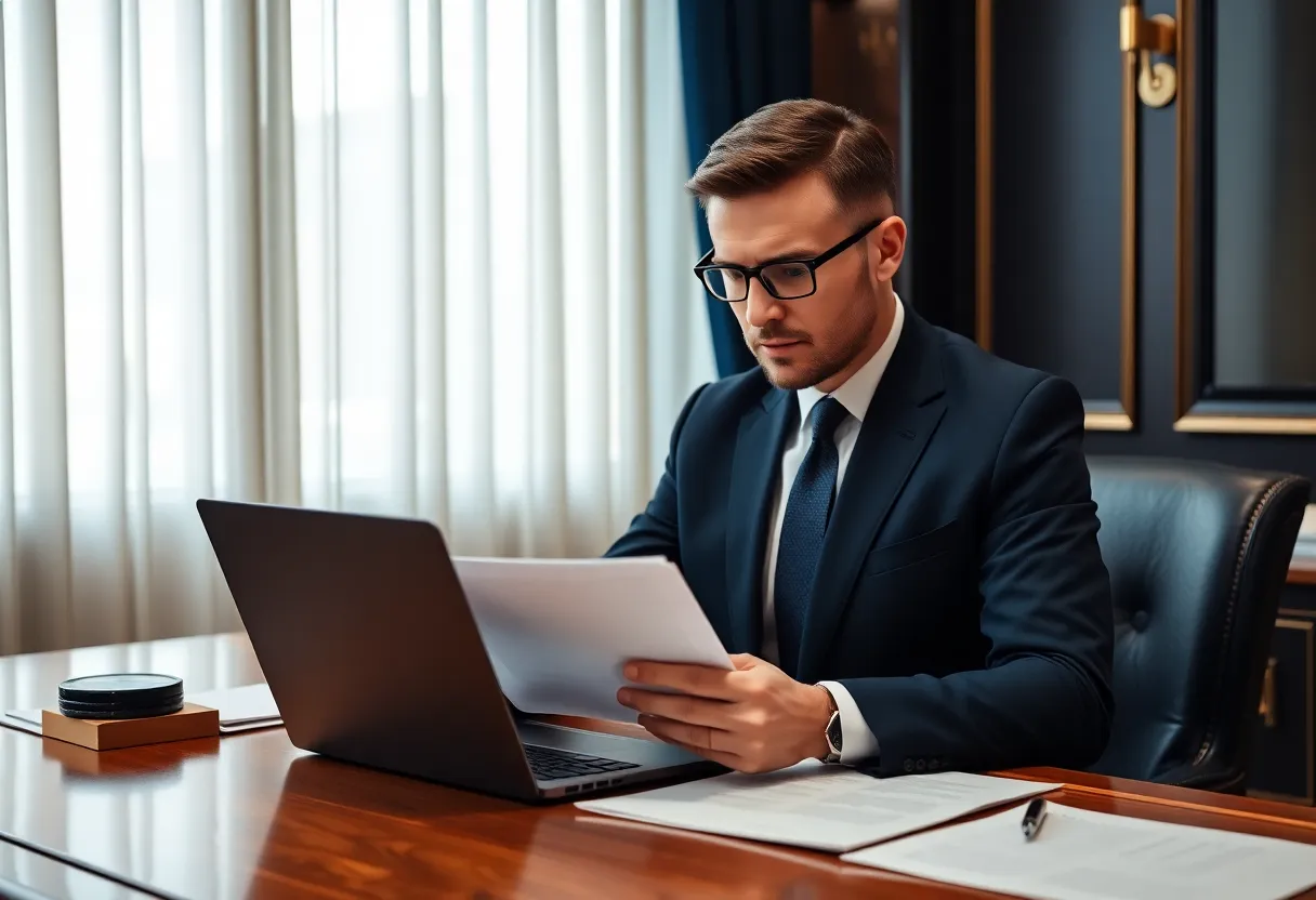 An advisor reviewing loan paperwork at a quiet desk
